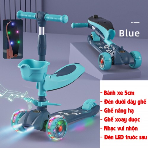 Xe scooter 3 bánh tự cân bằng, 3in1 có ghế gấp gọn, có nhạc và đèn chiếu sáng (xanh)